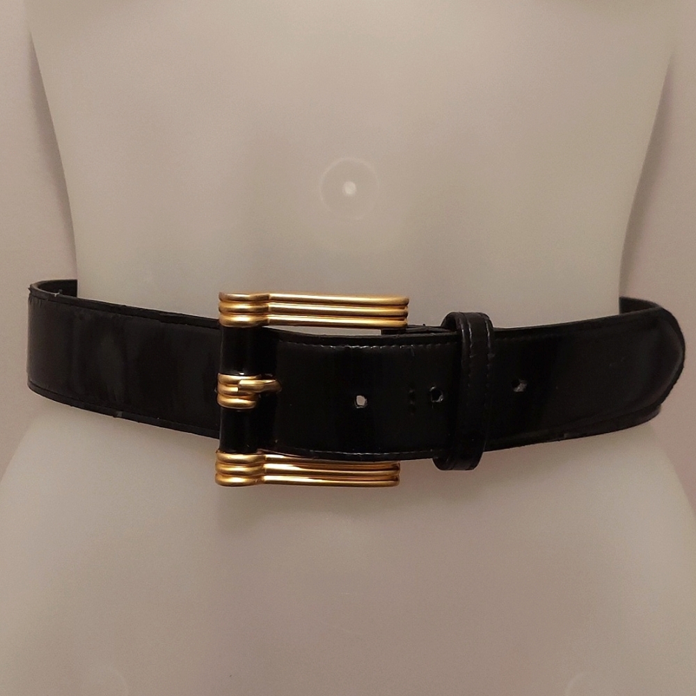 Vintage Ginnie Johansen Black and Goldtone Wide Width Statement Belt Size Small